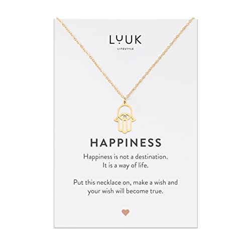 LUUK LIFESTYLE Damenkette aus Edelstahl mit Hamsa | Fatma Hand Anhänger und HAPPINESS Geschenkkarte, minimalistisches Modeaccessoire, Gold von LUUK LIFESTYLE