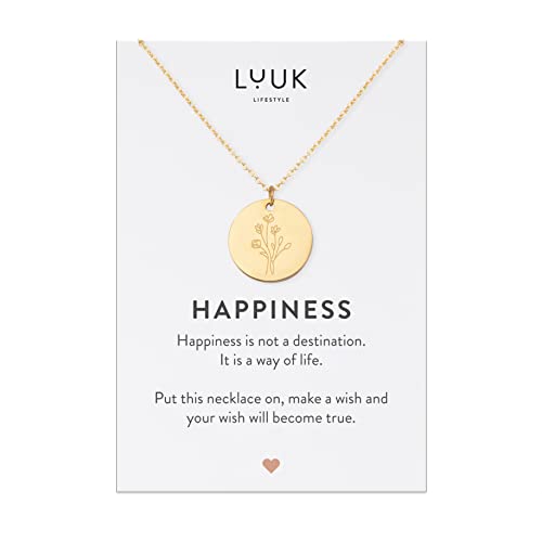 LUUK LIFESTYLE Edelstahl Halskette mit Coin | Plättchen Anhänger mit Blume, individuell verstellbare 50 cm Kette, Damenschmuck, HAPPINESS Geschenkkarte, Glücksbringer, Gold von LUUK LIFESTYLE