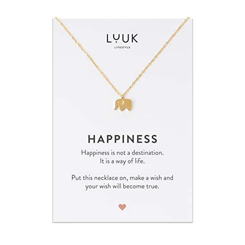 LUUK LIFESTYLE Halskette aus Edelstahl mit Elefant Anhänger und HAPPINESS Spruchkarte, Boho Stil, Schichter Damenschmuck, glamouröses Accessoire, Gold von LUUK LIFESTYLE