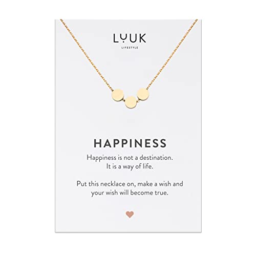 LUUK LIFESTYLE Damenhalskette aus Edelstahl mit drei Kreisen Anhänger und HAPPINESS Geschenkkarte, eleganter Stil, modernes Modeaccessoire, Gold von LUUK LIFESTYLE