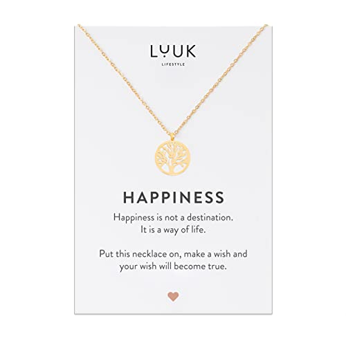 LUUK LIFESTYLE Damenhalskette aus Edelstahl mit Lebensbaum Anhänger und HAPPINESS Geschenkkarte, trendiges Accessoire und Naturmuster, Gold von LUUK LIFESTYLE