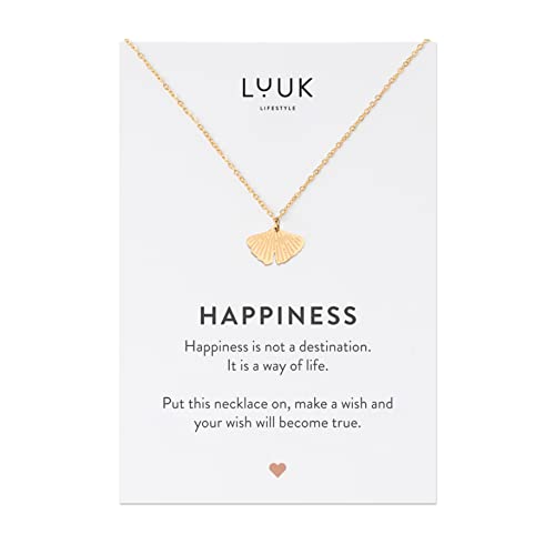 LUUK LIFESTYLE Halskette mit Ginkgo Blatt Anhänger und HAPPINESS Spruchkarte, schlichtes Modeaccessoire, alltagstauglicher Schmuck, Glücksbringer, Gold von LUUK LIFESTYLE