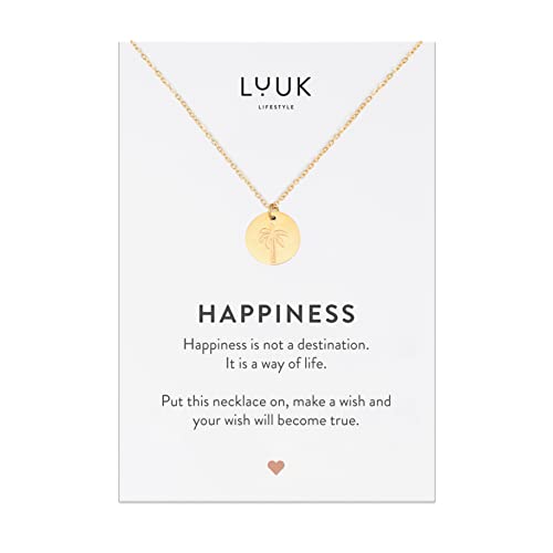 LUUK LIFESTYLE Damen Halskette mit Palmenanhänger und HAPPINESS Spruchkarte, minimalistisches Modeaccessoire, Urlaubsschmuck, Glücksbringer, Gold von LUUK LIFESTYLE