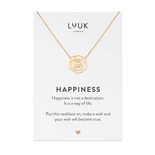 LUUK LIFESTYLE Halskette mit Blume | Rose Anhänger und HAPPINESS Geschenkkarte, eleganter Stil, modernes Modeaccessoire, langlebiger Edelstahl, Gold von LUUK LIFESTYLE