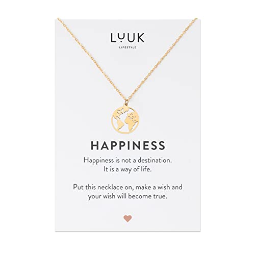 LUUK LIFESTYLE Halskette aus Edelstahl und HAPPINESS Geschenkkarte, Modeschmuck für Frauen, mit Globus Anhänger, Glücksbringer, Geschenkidee für den Neustart, Gold von LUUK LIFESTYLE