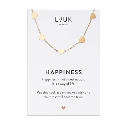 LUUK LIFESTYLE Edelstahl Halskette mit herzförmigen Plättchen Anhängern, verstellbare Kettenlänge, Damenschmuck, mit HAPPINESS Spruchkarte, Herz Motiv, Glücksbringer, Gold von LUUK LIFESTYLE