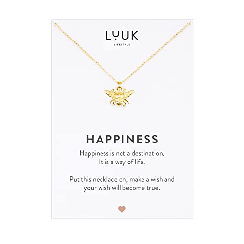 LUUK LIFESTYLE Filigrane Halskette mit Bienen Anhänger und HAPPINESS Spruchkarte, Edelstahl, schlichter Stil, Strand- und Sommerschmuck, Freundschaftskette, Gold von LUUK LIFESTYLE