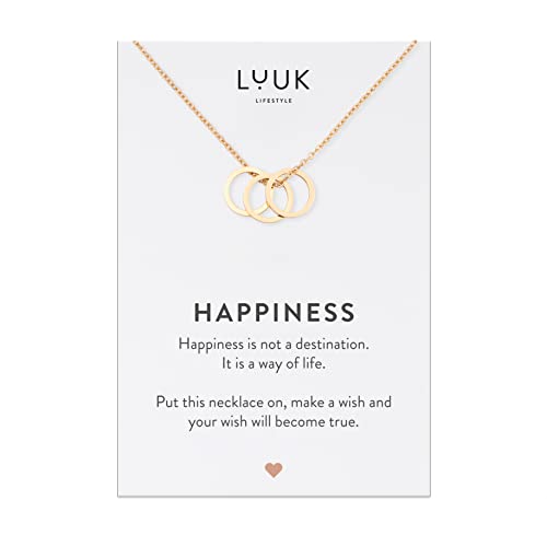 LUUK LIFESTYLE Halskette aus Edelstahl, verstellbare Kettenlänge, Damenschmuck, HAPPINESS Spruchkarte, Anhänger mit 3 verschlungenen Kreisen, Gold von LUUK LIFESTYLE