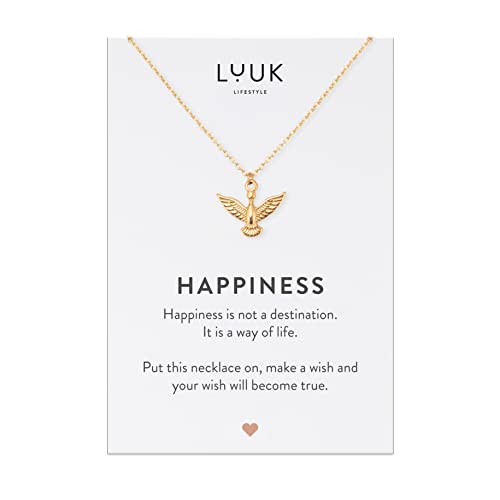 LUUK LIFESTYLE Filigrane 50cm Halskette mit Adler| Phönix Anhänger und HAPPINESS Spruchkarte, Edelstahl, Geschenkidee für Verlobte und Freundin, alltagstauglicher Damenschmuck, Gold von LUUK LIFESTYLE