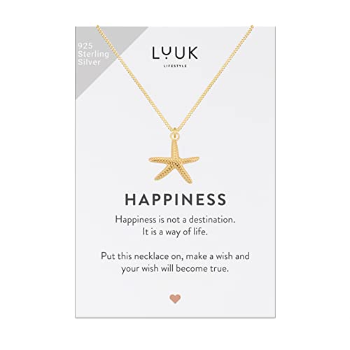 LUUK LIFESTYLE Halskette aus 925er Sterlingsilber mit Seestern Anhänger, mit HAPPINESS Geschenkkarte, Meer und Sommer Motiv, trendiges Design, Strandschmuck, Reisecharme, Gold von LUUK LIFESTYLE