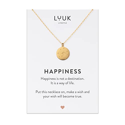 LUUK LIFESTYLE Halskette aus Edelstahl mit Sternenhimmel Anhänger, individuell verstellbare Kette, Modeschmuck, HAPPINESS Spruchkarte, Glücksbringer, Geschenkidee, Gold von LUUK LIFESTYLE