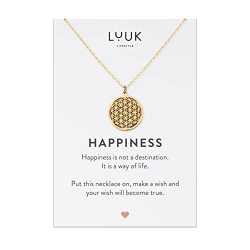 LUUK LIFESTYLE Halskette mit Lebensblume| Mandala Anhänger und HAPPINESS Spruchkarte, Geschenkidee, alltagstauglich und wasserfest, 50 cm, filigran und dezent, Modeaccessoire, Gold von LUUK LIFESTYLE