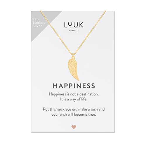 LUUK LIFESTYLE Halskette mit Engelsflügel Anhänger und HAPPINESS Geschenkkarte, 925er Sterlingsilber, Modeschmuck für den Alltag, den Strand, wasserfest, Boho Muster, Gold von LUUK LIFESTYLE