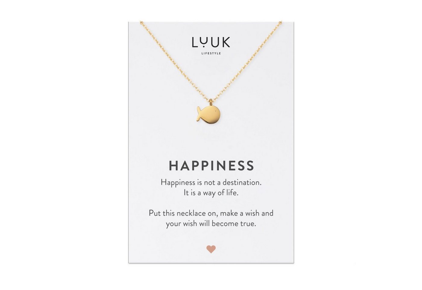 LUUK LIFESTYLE Kette mit Anhänger Fisch, Glücksbringer auf Reise, verstellbare Kette, Geschenkidee für Frauen, Mädchen, Valentinstag, Edelstahl, Wal Fisch Anhänger, HAPPINESS Spruchkarte, Gold von LUUK LIFESTYLE