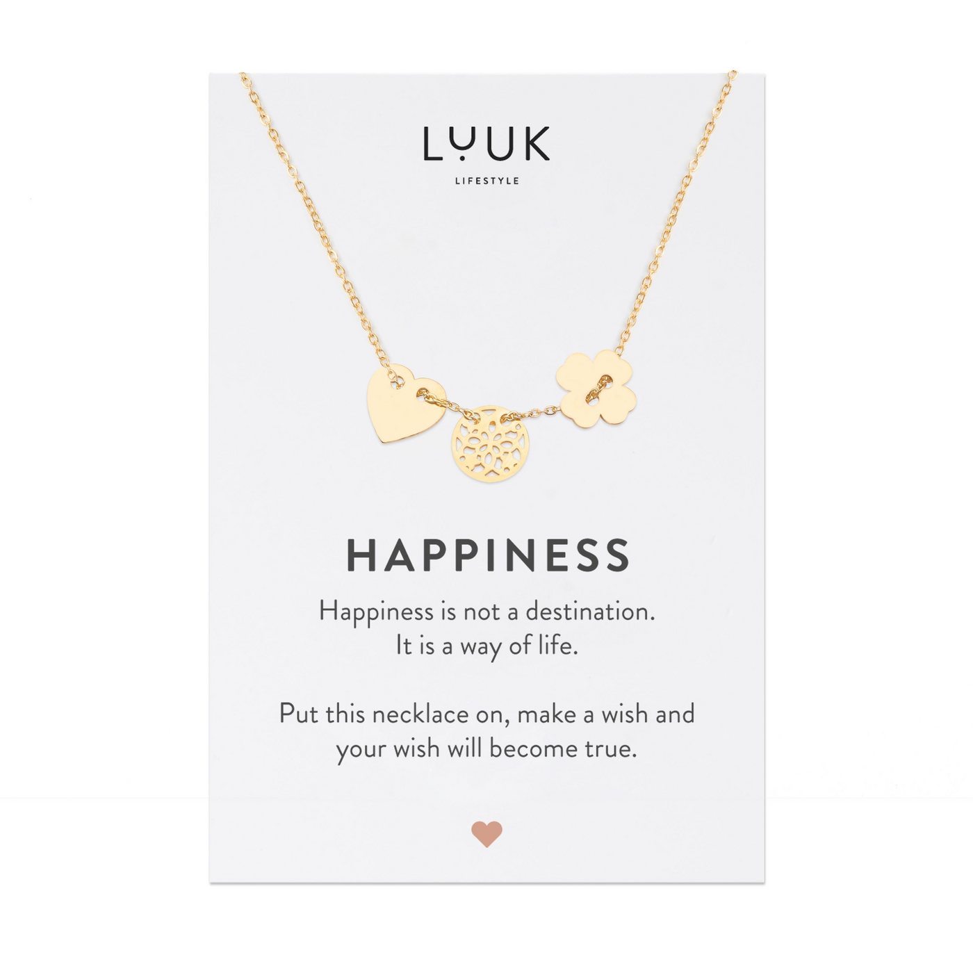 LUUK LIFESTYLE Kette mit Anhänger Glücksbringer, Herz-, Mandala- und Kleeblatt Anhänger, mit HAPPINESS Karte, Geschenk für Frauen, Freundinnen, Geliebte, Glücksbringer auf Reise, Modeschmuck, Gold von LUUK LIFESTYLE