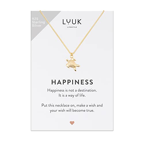 LUUK LIFESTYLE Halskette und HAPPINESS Geschenkkarte, 925er Sterlingsilber, mit Schildkrötenanhänger, Schmuck für den Alltag, Strand, Sommer, tropisches Motiv, wasserfest und alltagstauglich, Gold von LUUK LIFESTYLE