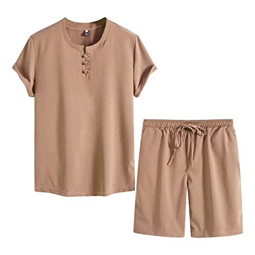 LUZOUCHE Freizeitanzug Trainingsanzug Herren Einfarbig Leinenanzug Sommer Kurz T-Shirt Und Shorts Set 2 Teiliges Leichte Heimanzug Weich Bequeme Hausanzug mit Taschen Elastischer Bund LUZOUCHE Freizeitanzug Trainingsanzug Herren Einfarbig Leinenanzug Sommer Kurz T-Shirt Und Shorts Set 2 Teiliges Leichte Heimanzug Weich Bequeme Hausanzug mit Taschen Elastischer Bund von LUZOUCHE