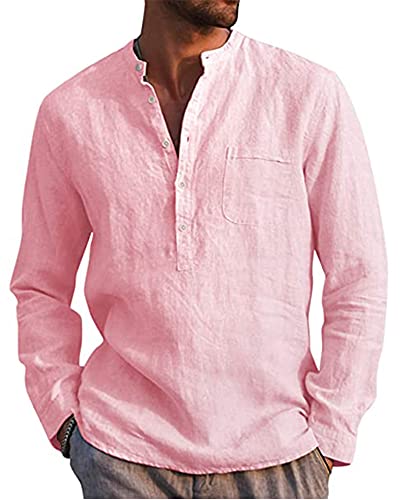 LVCBL Herren Leinenhemd Sommer Stehkragen Freizeithemd Slim Fit Basic Shirt Langarmshirt Freizeit Rosa 3XL von LVCBL