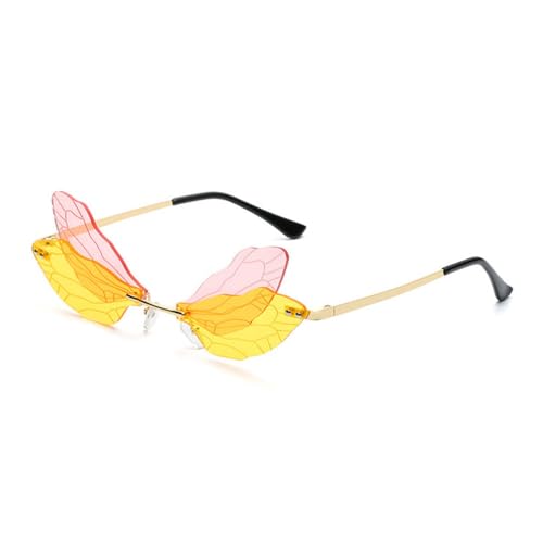 LVTFCO Mode Einzigartige Libelle Flügel Form Randlose Sonnenbrille Frauen Vintage Klare Ozean Objektiv Brillen Beliebte Männer Sonnenbrille, Rosa Gelb, Einheitsgröße von LVTFCO