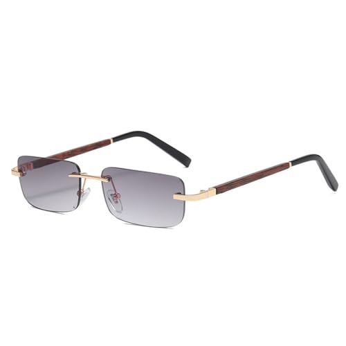 LVTFCO Mode kleine rechteckige randlose Sonnenbrille mit Farbverlauf Damen Vintage Holzmaserung Brillen Herren quadratische Sonnenbrille Shades UV400,Grau,Einheitsgröße von LVTFCO