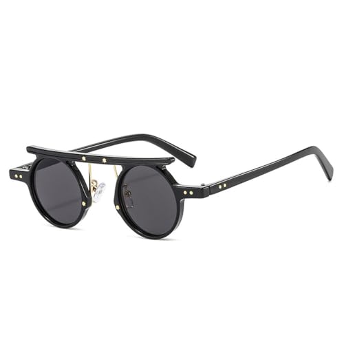 LVTFCO Modische kleine runde Punk-Sonnenbrille für Damen, Retro, klar, Ozean, Farbverlauf, UV400, Herren, doppelte Farbe, Nieten, Sonnenbrille, Schwarz, Grau, Einheitsgröße von LVTFCO