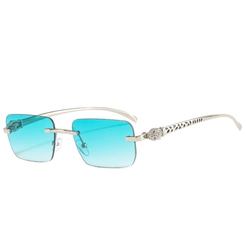 LVTFCO Modische randlose rechteckige Sonnenbrille für Damen, klare Ozean-Verlaufslinse, Brillen für Herren, einzigartige Sonnenbrille, Silbergrün, Einheitsgröße von LVTFCO