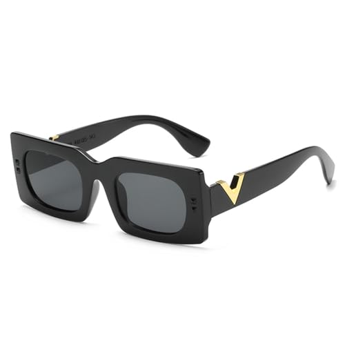 LVTFCO Retro High-End-Sonnenbrille mit quadratischem Bein und V-förmiger Metalldekoration, modische Sonnenbrille, Persönlichkeitstrend für Frauen, Schwarz/Grau von LVTFCO