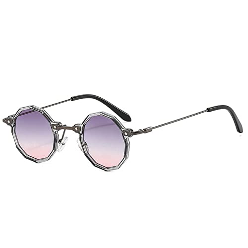 LVTFCO Retro-Sonnenbrille im Polygon-Design, klein, rund, Steampunk, für Damen, modisch, klare Ozeangläser, UV400, für Herren, Punk-Sonnenbrille mit Farbverlauf, Grau, Grau, Rosa, Einheitsgröße von LVTFCO