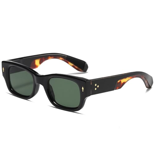 LVTFCO Vintage quadratische Sonnenbrille für Damen, modisch, Nieten, breite Beine, Brillen für Herren, trendige Punk-Sonnenbrille mit doppelter Farbe, UV400, schwarz, Leopardengrün, Einheitsgröße von LVTFCO