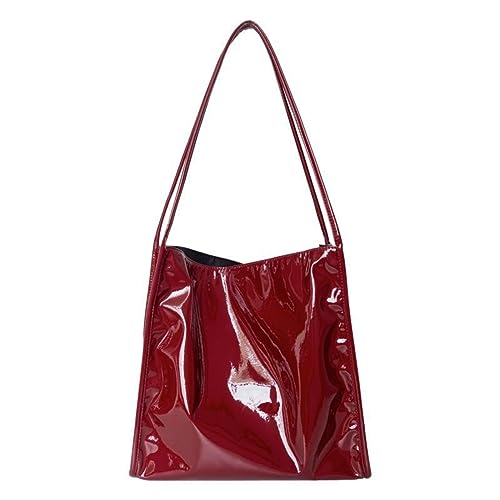 Weibliche Große Kapazität Damen Einkaufstasche Lackleder Frauen Schulter Taschen Casual Einfarbig Tote Handtaschen, Weinrot von LWODANU