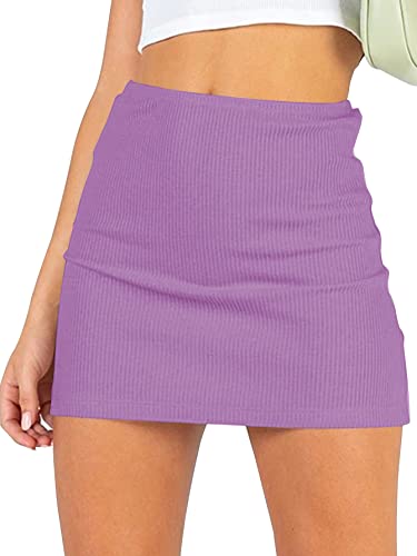 LYANER Damen Basic Gerippter Strick Stretchy Elastisch Kurz Mini Bleistift Bodycon Rock, Violett, X-Klein LYANER Damen Basic Gerippter Strick Stretchy Elastisch Kurz Mini Bleistift Bodycon Rock, Violett, X-Klein von LYANER