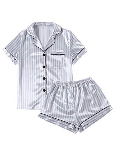 LYANER Damen Gestreift Seidig Satin Pyjama Kurzarm Top mit Shorts Nachtwäsche PJ Set, grau, Medium von LYANER