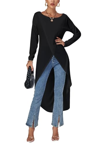 LYANER Damen High Low Langarm Wrap Front Split Hem Longshirt Bluse Tunika Top, Farbe: Schwarz, Mittel von LYANER