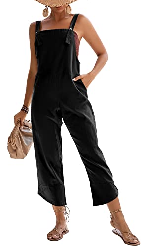 LYANER Damen Lose Baggy Weite Bein Baumwolle Leinen Overall Jumpsuit Haremshose mit Taschen, Schwarz, Medium von LYANER