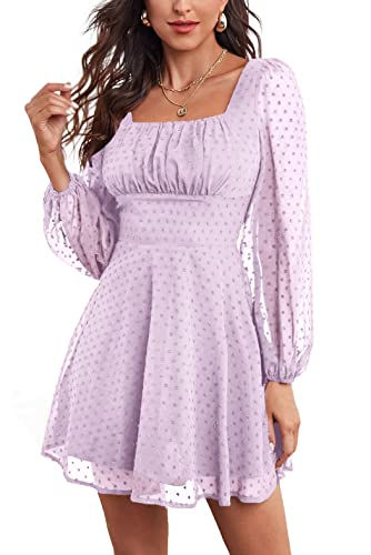 LYANER Damen Polka Dots Square Neck A Linie Langarm Swiss Dots Minikleid, hellviolett, Klein von LYANER