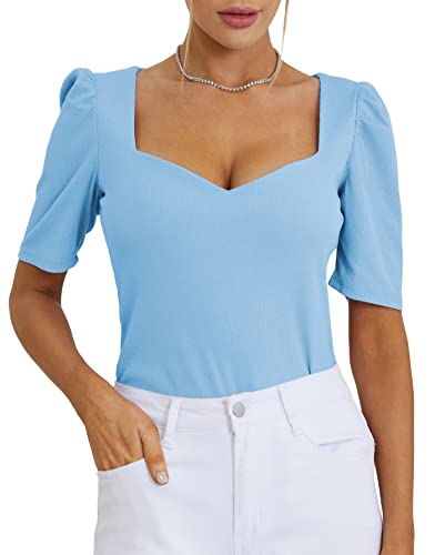 LYANER Damen Quadratischer V-Ausschnitt Puff Kurzarm Strick Sommer Elegant T-Shirt Tops, blau, Mittel von LYANER