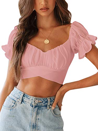 LYANER Damen Rüschen Kurzarm Tie Up Back Crop Top Schulterfrei Bardot-Bluse - Pink - Mittel von LYANER