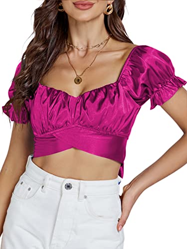 LYANER Damen Rüschen Kurzarm Tie Up Rücken Crop Top Schulterfrei Bardot-Bluse, Satin Lila, Mittel von LYANER