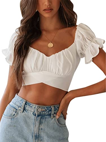 LYANER Damen Rüschen Kurzarm Tie Up Rücken Crop Top Schulterfrei Bardot-Bluse, Weiß, Groß von LYANER