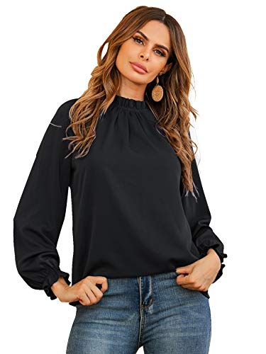 LYANER Damen Rüschen Mock Neck Volant Langarm Solide Bluse Büro Hemd Top, schwarz, X-Klein von LYANER