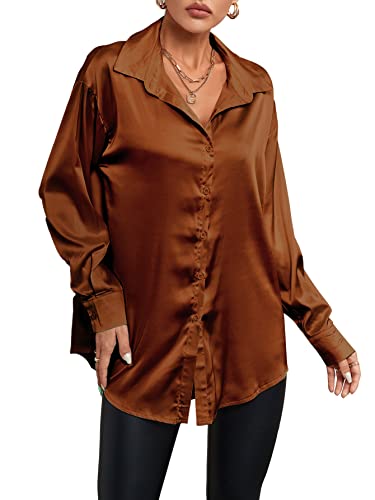 LYANER Damen Satin Seide Kragen V Ausschnitt Button Down Langarm Bluse Shirt Top, Braun, Groß von LYANER