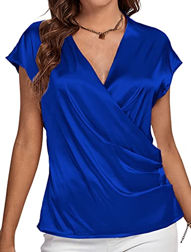 LYANER Damen Satin Seide Wrap V Ausschnitt Flügelärmel Elegant Arbeitskleidung Bluse Shirt Top, Weinrot, Königsblau, Klein von LYANER