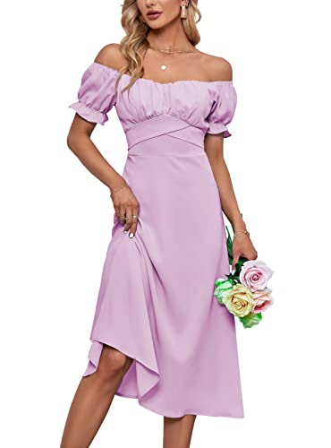 LYANER Damen Schulterfreies Wickelkleid mit Rüschen, kurze Ärmel, gerüscht, Raffhalter, Helles Violett, X-Groß von LYANER