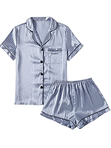 LYANER Damen Streifen Seidig Satin Pyjama Kurzarm Top mit Shorts Nachtwäsche PJ Set, Silberblau #2, S von LYANER