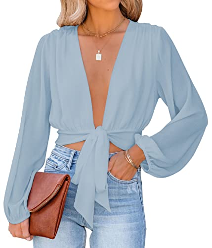 LYANER Damen Tiefer V-Ausschnitt Tie Front Knoten Langarm Sexy Wrap Crop Top Bluse, dusty blue, Mittel von LYANER