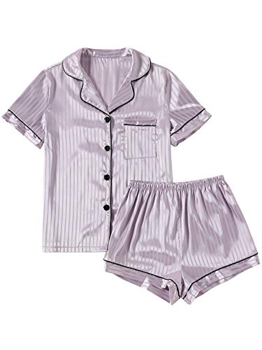 LYANER Damen Schlafanzug, gestreift, seidig, Satin, kurzärmelig, Oberteil mit Shorts, Nachtwäsche-Set, Hellviolett Nr. 2, M von LYANER