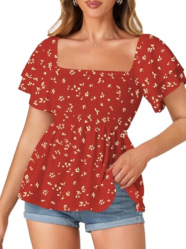 LYANER Damenbluse mit quadratischem Ausschnitt, gesmoktes Schößchen, gerüscht, kurze Ärmel, Babydoll, gerafft, Floral Rot, Mittel LYANER Damenbluse mit quadratischem Ausschnitt, gesmoktes Schößchen, gerüscht, kurze Ärmel, Babydoll, gerafft, Floral Rot, Mittel von LYANER