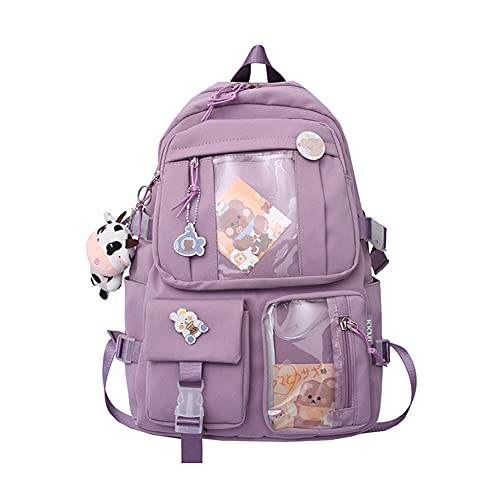 LYEAA Kawaii Rucksack mit Pins & Plüschtier-Anhänger, Frauen Mädchen adretter Stil PVC Patchwork Transparenter Rucksack Schultasche Große Kapazität Rucksack Handtaschen, Stil A, lila von LYEAA