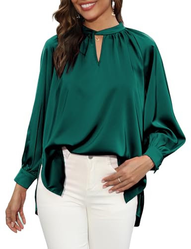 LYHNMW Damen Satin Seide Blusen Tops V Ausschnitt Langarm Lose Blusen Sommer Tops Casual Blusen Tops, Königsblau, X-Groß von LYHNMW