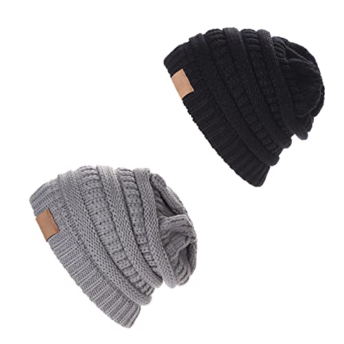 LYQQY Strickmütze für Pferdeschwanz, 2 Stücke Damen Mädchen Mütze mit Loch für Pferdeschwanz Stilvoll und Warm Gestrickte Strickmütze Wintermütze mit Zöpfen Loch für Mädchen,Damen,Schwarz,Grau, 40 von LYQQY